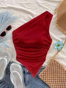 Blusa casual de unicolor con hombros oblicuos y ajustada, apropiada para el verano - Multicolor - Ver 6