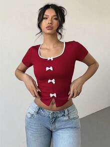 Camiseta casual de mujer de manga corta con adorno de lazo de color contrastante - Burdeos - Ver 6