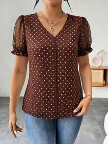 Blusa de gasa con estampado de lunares francés de moda para mujer, diseño elegante y elegante de manga corta con volantes para el verano - Marrón - Ver 6
