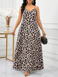 Lady Vestido largo con estampado de leopardo para mujer, estilo bohemio, sin espalda, holgado, vestido maxi suelto sin tirantes para cumpleaños, eventos, vacaciones, vestidos casuales, vestidos boho/bohemia/boho, top halter, ropa africana para mujer - Albaricoque - Ver 6
