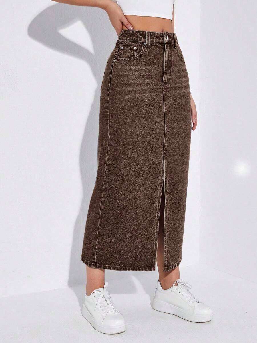 Falda vaquera larga con abertura de moda casual para mujer - Café integral - Ver 1