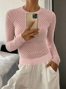 Blusa de manga larga de cuello redondo, ajuste delgado, con estampado de lunares, ropa de otoño para mujer - Rosa Pálido - Ver 6
