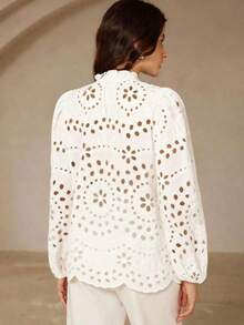Nueva llegada Blusa de manga larga con bordado, estilo francés casual, con pliegues y calados en la parte delantera - Blanco - Ver 7