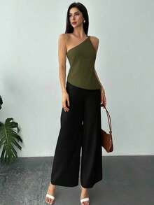 Nueva llegada Primavera/Verano Elegante Top casual de lino color albaricoque con cintura fruncida, bajo asimétrico y espalda descubierta - Verde militar - Ver 6