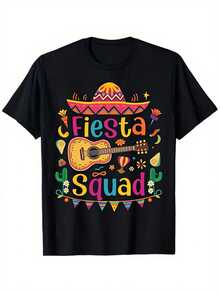 Camiseta unisex estilo carnaval diseño guitarra cactus cuello redondo corte regular ajuste cómodo textura suave ideal para fiesta de verano todas las temporadas ropa casual celebraciones temáticas nacional envio - Negro - Ver 1