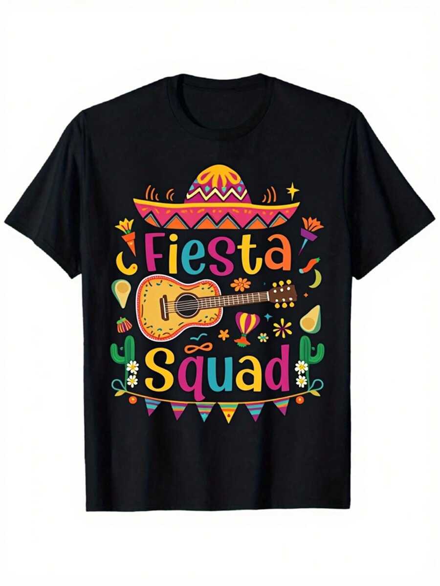Camiseta unisex estilo carnaval diseño guitarra cactus cuello redondo corte regular ajuste cómodo textura suave ideal para fiesta de verano todas las temporadas ropa casual celebraciones temáticas nacional envio - Negro - Ver 1