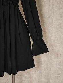 ICON Vestido mini de talla grande de unicolor casual con parches de encaje para mujer, ropa de otoño - Negro - Ver 9
