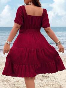 Clasi Vestido corto de manga corta en color burdeos de uso diario, sencillo y liso para mujeres de talla grande - Burdeos - Ver 2