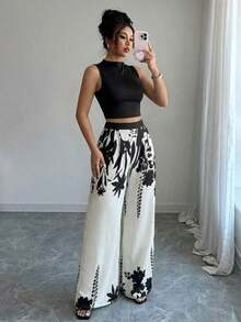 Nuevo conjunto casual de top y pantalones de color contrastante, pantalones anchos de cintura alta elegantes y sueltos, ropa de mujer de ajuste ceñido para primavera, verano y otoño de vacaciones - Multicolor - Ver 7