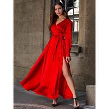 Women's Long Summer Dress With V-Neck And Side Slit, Fashionable And Elegant Design, Vibrant Colors And Loose Style - 紅色 - 查看 2