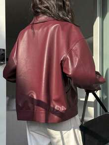 de cuero casual suelta con cremallera en la solapa, chaqueta exterior de manga larga - Burdeos - Ver 2