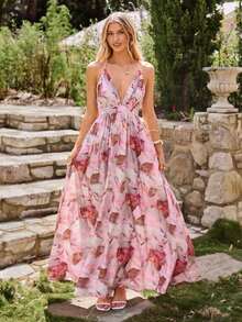 Vestido de una pieza con cuello en pico, espalda abierta cruzada y estampado de leopardo para primavera - Rosa - Ver 5