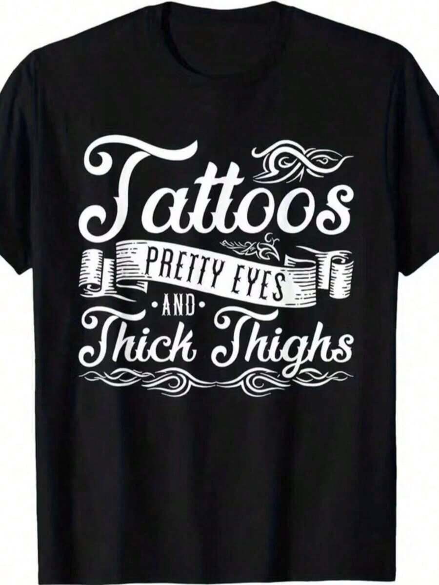 Camiseta negra con estampado elegante de tatuaje, ojos hermosos y muslos rellenos - una camiseta con estampado gráfico y patrones decorativos - la prenda casual de verano perfecta para quienes marcan con audacia y belleza. - Negro - Ver 1