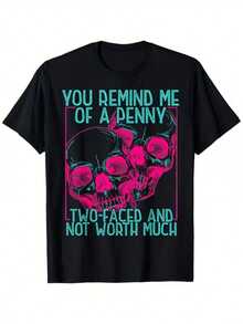 Camiseta de manga corta con cuello redondo y estampado por transferencia térmica que muestra el mensaje "Me recuerdas a una moneda de doble cara, muy valiosa" y un diseño de calavera.Es un regalo para hombres, mujeres, familiares y amigos. - Negro - Ver 5