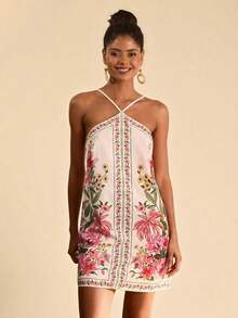 Flower Print Backless Halter Mini Dress, Casual Resort Style,Bohemian Clothes, Suitable For Holiday , Afternoon Tea, Wedding Season, Beach Cruise Vacation, City Road Trip Vacation, Boho Vacation, Music Festival , Beachwear, Easter, Beach Outfits For Woman,, Elegrant Dress For Women, Vacation Outfits Women, Concert Outfit Women, Tropical Vacation Woman Clothes, Holiday Outfits, Bohemian Clothes,For Spring Sunmmer And Autumn,Tropical Vacation, Bohemian Outfits, Ibiza Outfits, Western Style - 多色 10 - 查看 7