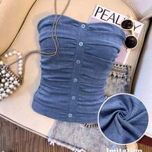 Denim Effect Ruched Decor Button Embellished Elegant Camisole Top For Women - Azul - Ver 1