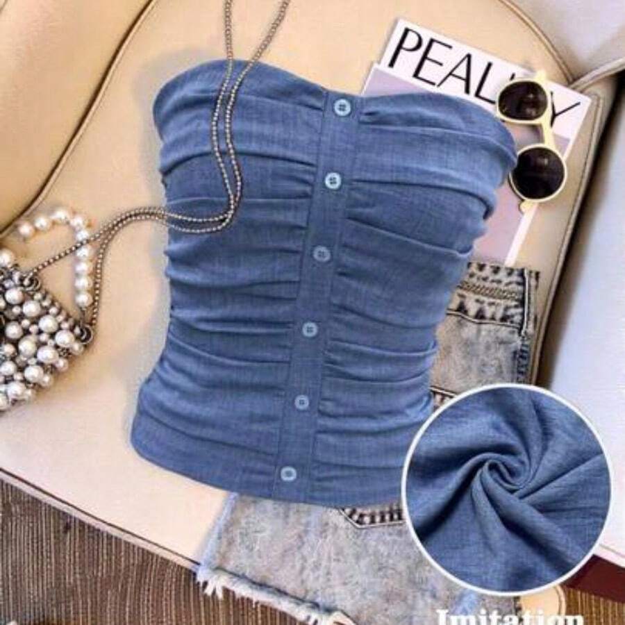 Denim Effect Ruched Decor Button Embellished Elegant Camisole Top For Women - Azul - Ver 1