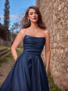 Vestido de noche elegante de mujer con fruncidos y abertura alta - Vestido formal de primavera/verano, adecuado para bodas, galas, alfombras rojas, fiestas, invitados de boda, fiesta de vacaciones de verano - Azul marino - Ver 6