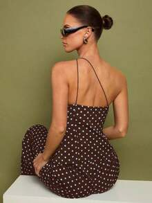 Set de 2 piezas de Top con hombros y pantalones a lunares para mujer, uso casual minimalista de todos los días - Café integral - Ver 4