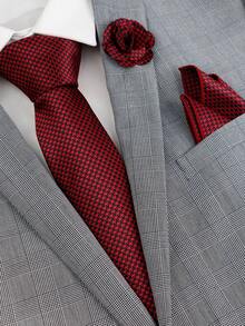 ZLQ&GOU 3 PCS Red Houndstooth Men's Wedding Tie Set, Includes Tie, Pocket Square, Boutonniere, Suitable For Wedding Banquet Formal Attire - Red - View 1