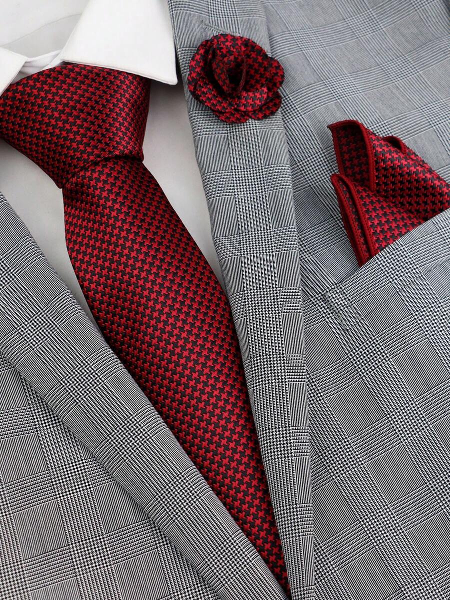 ZLQ&GOU 3 PCS Red Houndstooth Men's Wedding Tie Set, Includes Tie, Pocket Square, Boutonniere, Suitable For Wedding Banquet Formal Attire - Red - View 1