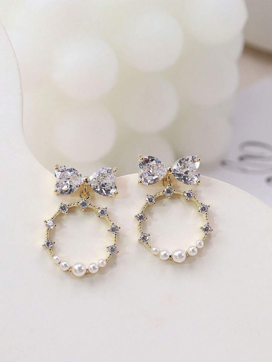 2 đôi bông tai thiết kế nơ đính đá Zirconia, kiểu dáng thanh lịch, đa năng, phù hợp cho phụ nữ đeo hàng ngày. - Nhiều màu - Xem 1