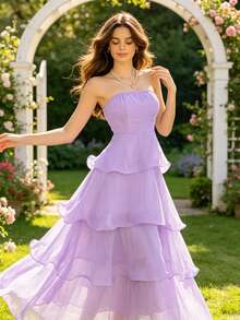 Vestido midi elegante para fiesta, sin tirantes, volantes, falda pastel, perfecto para verano y vacaciones - Morado - Ver 3