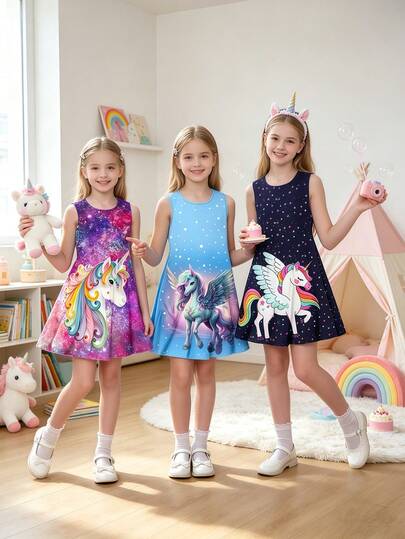 XUMPLO 3pcs/Set Basic Round Neck Sleeveless Colorful Unicorn 3D Print Casual Dress, Suitable For Daily, Leisure, Vacation, Outing, Summer