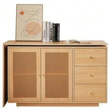 Desk, L-Shaped Corner Desk, Computer Desk With Rattan Doors, Dressing Table, White 126 Cm - Natural Wood - 查看 1