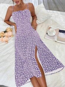 Vestido largo con estampado floral diminuto y abertura lateral para mujer - Morado - Ver 7