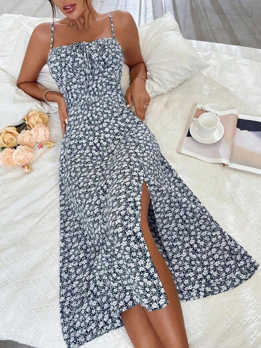Vestido largo con estampado floral diminuto y abertura lateral para mujer - Azul marino - Ver 1