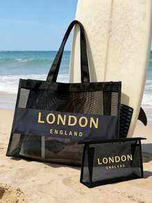 Bộ túi tote lưới in hình London, Anh, màu đen, kèm túi đựng đồ có khóa kéo, túi xách tote trong suốt dung tích lớn, lý tưởng cho bãi biển, hồ bơi, du lịch và sử dụng hàng ngày, túi tote chống thấm nước đựng đồ bơi, khăn tắm và đồ dùng cần thiết, phù hợp cho phụ nữ, du khách và những người yêu thích biển, hoàn hảo cho kỳ nghỉ hè, du lịch và quà tặng ngày lễ, đa năng như túi tote đi biển, túi hồ bơi, túi du lịch và túi mua sắm. - Nhiều màu - Xem 1