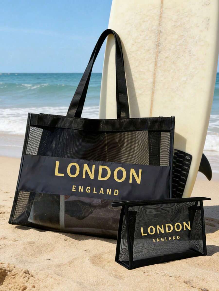 Bộ túi tote lưới in hình London, Anh, màu đen, kèm túi đựng đồ có khóa kéo, túi xách tote trong suốt dung tích lớn, lý tưởng cho bãi biển, hồ bơi, du lịch và sử dụng hàng ngày, túi tote chống thấm nước đựng đồ bơi, khăn tắm và đồ dùng cần thiết, phù hợp cho phụ nữ, du khách và những người yêu thích biển, hoàn hảo cho kỳ nghỉ hè, du lịch và quà tặng ngày lễ, đa năng như túi tote đi biển, túi hồ bơi, túi du lịch và túi mua sắm. - Nhiều màu - Xem 1