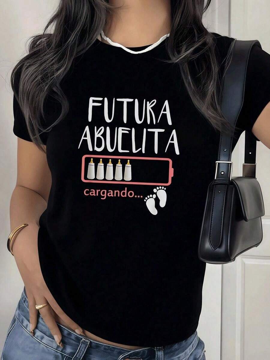 Camiseta de mujer con diseño divertido Futura Abuelita Cargando,ideal para regalar a la futura abuela con biberones y piecitos.Cómoda y original. Actividades en casa, estilo retro, unisex - Negro - Ver 1