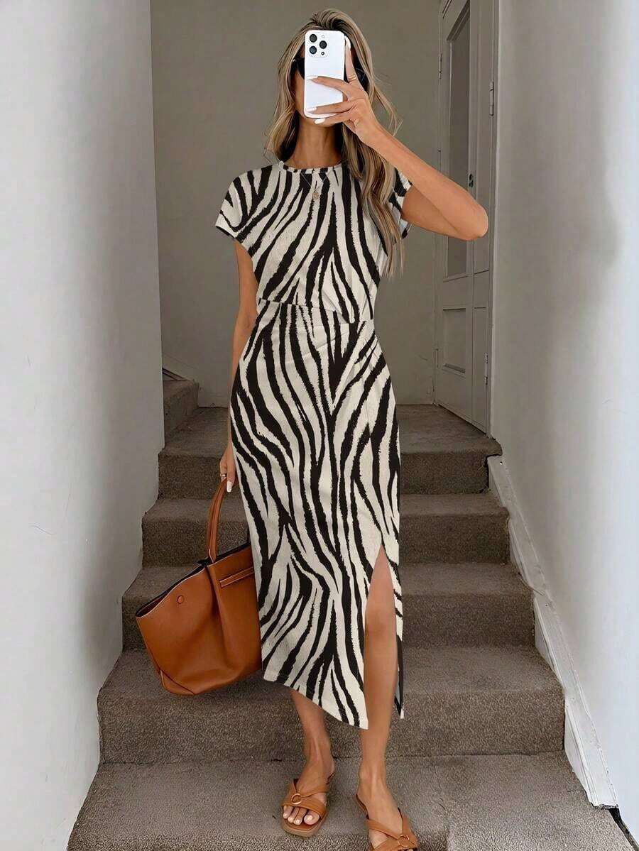 Vestido midi sin mangas con abertura alta, estampado elegante de lazo a rayas rosa, estilo minimalista casual; Vestido de punto de textura casual ajustado para mujer; Conjunto de fitness para mujer; Vestido de invitada de boda para mujer; Atuen - Multicolor 2 - Ver 1