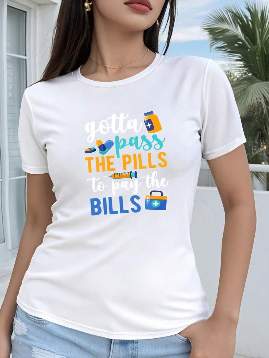 Women's Short-Sleeved T-Shirt, Made Of Pure Cotton, With A 2D Geometric Print Design "Gotta Pass Pills To Pay Bills", Casual Short-Sleeved Top With Round Neck, Suitable For All Seasons, Holiday Fashion, Retro Aesthetic, Breathable Material, Fun Print. - 白色 - 查看 1