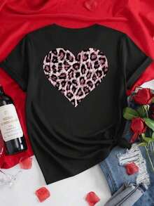 Plus Size Women's Short Sleeve T-Shirts, Ideal For Summer, Basic Everyday Tops, Short Sleeve T-Shirt With Front And Back Panels - Heart Print With Leopard Design,  Heart Print - Spring/Summer Printed T-Shirt For Women, Fashionable Item, Breathable And Comfortable. - 黑色 - 查看 2