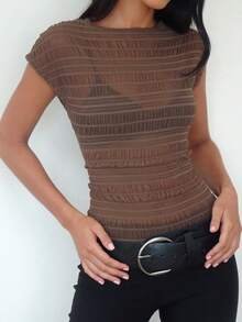 Women's Mesh Sheer Top Short Sleeve Boat Neck Slim Fit Bodycon Shirt Tops Y2K Going Out See-Through Layered Top - Light Brown - View 4