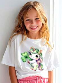 [1 camiseta divertida para el Día de San Patricio] Camiseta temática del Día de San Patricio, Maija Kids Girl, camisetas para bebés y mujeres, estética Clean Girl, conjuntos a juego para madre e hija, 1 camiseta blanca con estampado de unicornio para niños, cuello redondo, camiseta casual, tejido de punto de elasticidad media, corte regular para niños y niñas, diseño de trébol, perfecta para primavera, verano, otoño, Navidad, Pascua. Confeccionada con un tejido suave y transpirable, con cuello redondo casual y mangas cortas, ideal para el Día de San Valentín, Carnaval, regalos del Día de San Patricio para niños, amigos y familiares, recuerdos de fiesta para niños. - Blanco - Ver 8