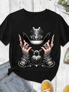 Camiseta con Estampado de Sombrero de Vaquero y Manos con Candado de Corazón para Mujer, Ropa Casual Blanca para el Día de San Valentín, Primavera Verano - Negro - Ver 3