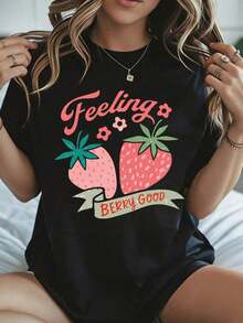 Camiseta con Estampado de Fresas "Feeling Berry Good", Ropa Casual de Verano, Blusa Blanca para Mujer para Uso Diario y Temporada de Vacaciones - Negro - Ver 8