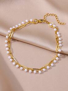 1 chiếc vòng chân hai lớp hình sao biển và ngọc trai bằng thép không gỉ mạ vàng 18K, phụ kiện đi biển mùa hè, quà tặng hàng ngày cho phụ nữ - Vàng - Xem 10