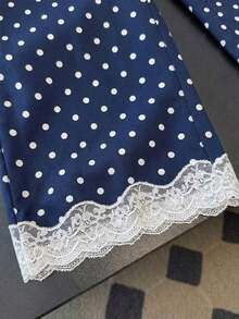 Pantalones rectos sueltos con cintura elástica, estampado de lunares y parches de encaje, adecuados para uso diario.Pantalones de lunares, pantalones con ribete de encaje, pantalones blanco y negro, pantalones de lunares blanco y negro para mujer - Azul - Ver 3