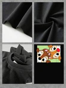 Two Adorable Cartoon Characters Peeking Curiously From A Green Background Express Joy, Friendship, And Positive Energy. Comfortable, Casual, Short-Sleeved Women's T-Shirt, Ideal For Everyday Wear. - 黑色 - 查看 4
