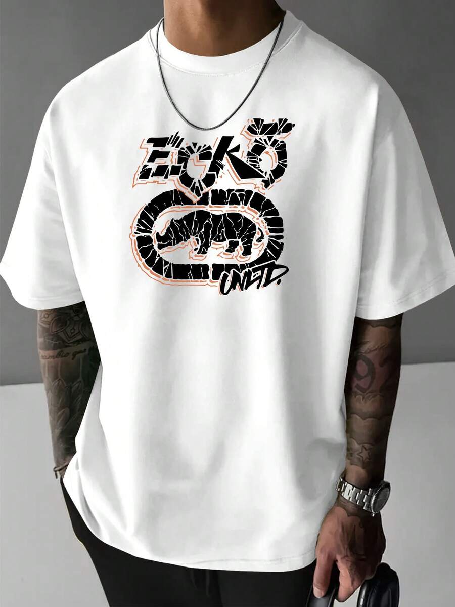 Men's Loose-Fitting T-Shirt With A Round Neck, Letter Pattern Print, Versatile Ins Style For Everyday Wear - 白色 - 查看 1