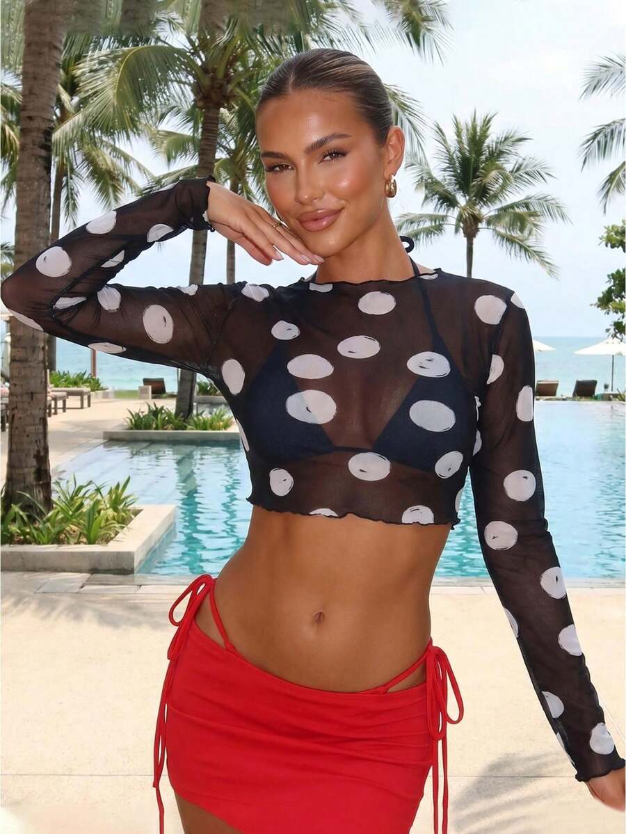 Women's Sheer Crop Tops Mesh Slim Fit Casual Lettuce Trim Dot/Plaid/Floral Stylish Crew Neck Long Sleeve T-Shirt - Negro - Ver 1