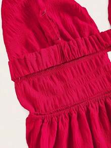 Vestido con dobladillo suelto de parches y corbata al cuello, estilo sencillo y casual para vacaciones para mujeres - Rojo - Ver 4