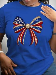 Women's Short-Sleeved Athletic T-Shirt With A Crew Neck, American Flag Print, And A Bow. Perfect For Summer Wear, Home, Gatherings, Vacations, School, Parties, And More. A Must-Have For Fall And Winter, Ideal For Travel Outfits. Great Gift Idea. - 藍色 - 查看 7