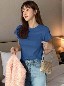 Camiseta básica de mujer de manga corta, cuello redondo, unicolor blanco, para primavera/verano, estilo casual de oficina - azul real - Ver 5
