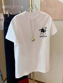 Women's Custom Cartoon Print Mid-Length Short Sleeve T-Shirt, Stylish Graphic Tee, Casual Black Vintage Summer Street Style Loose Fit Cotton Crew Neck T-Shirt. - 白色 - 查看 3